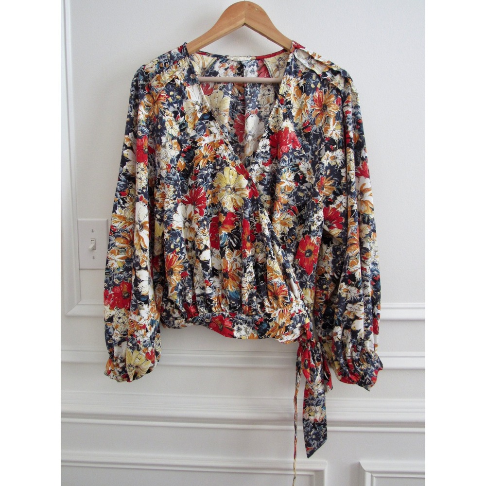Easel Small Floral Wrap Blouse Tie Front Balloon Sleeve Boho